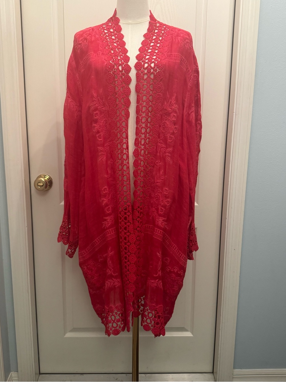 Soft Surroundings Linen Blend Kimono Duster Coverup Red Lace Floral Accents 3X